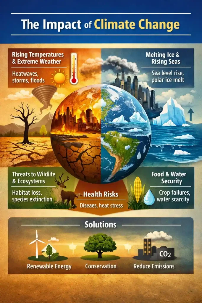 Infographic showing the impact of climate change, including rising temperatures, melting ice caps, extreme weather events, threats to wildlife, health risks, and food and water insecurity.