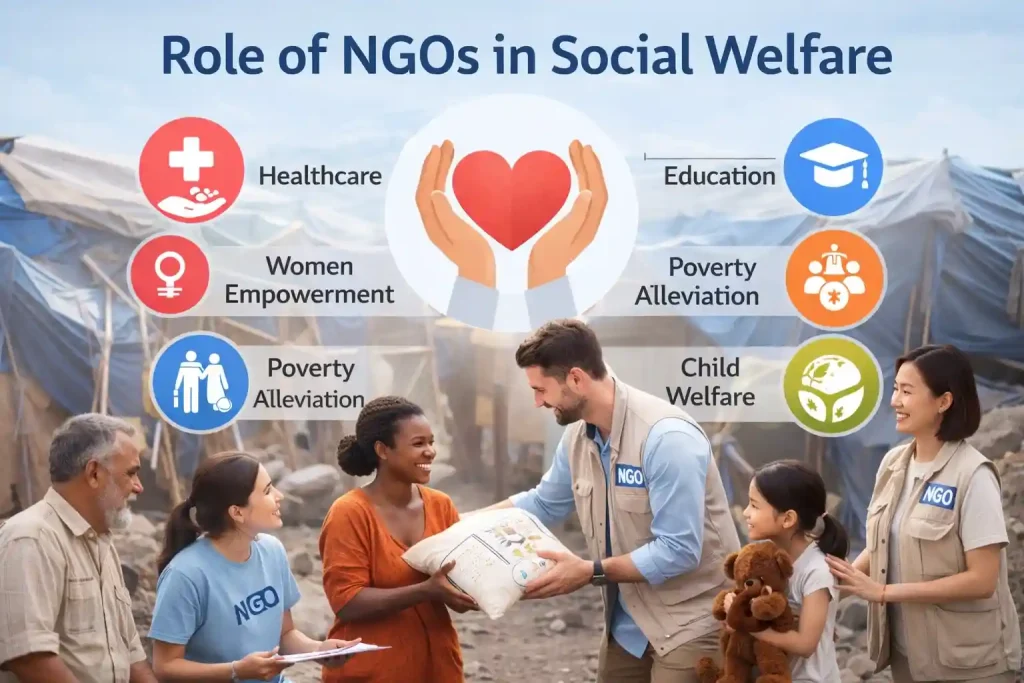 NGO volunteers supporting families through social welfare programs.
