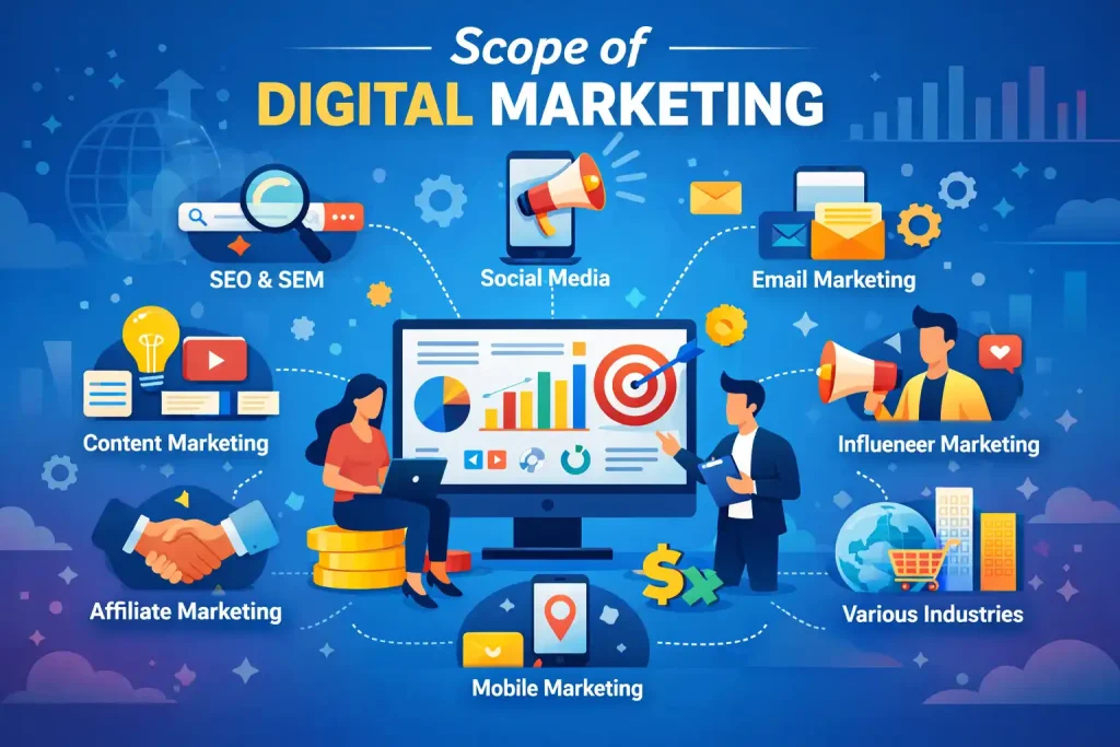 Scope of digital marketing infographic with SEO, social media, content, and email marketing