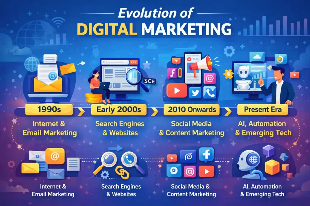Evolution of digital marketing timeline from email marketing to AI and automation.