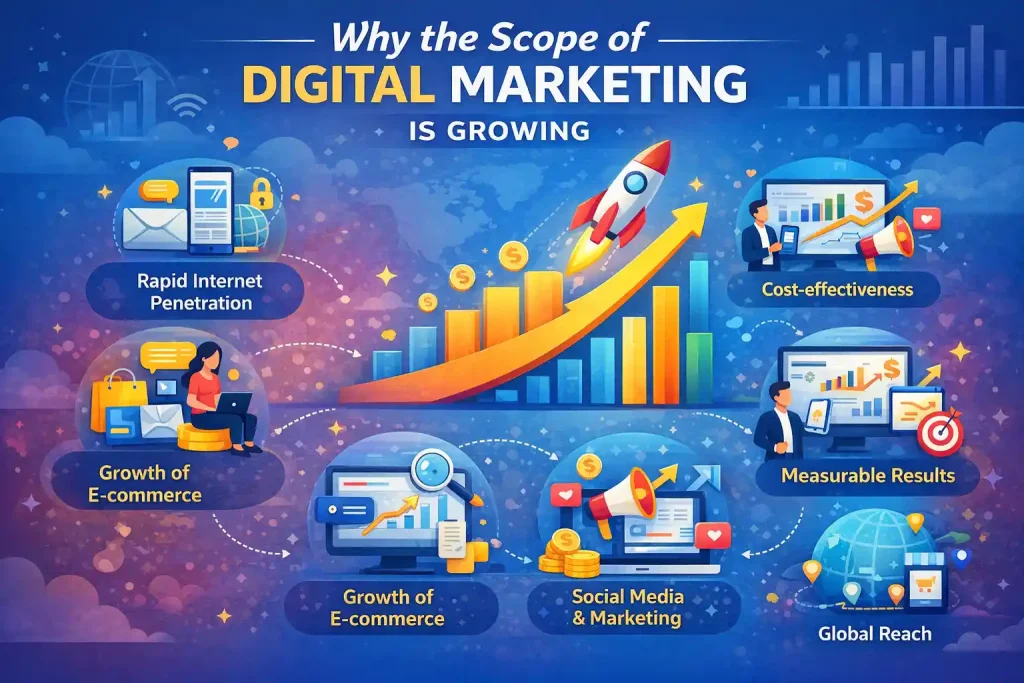 Why the scope of digital marketing is growing with e-commerce, social media, and global reach.