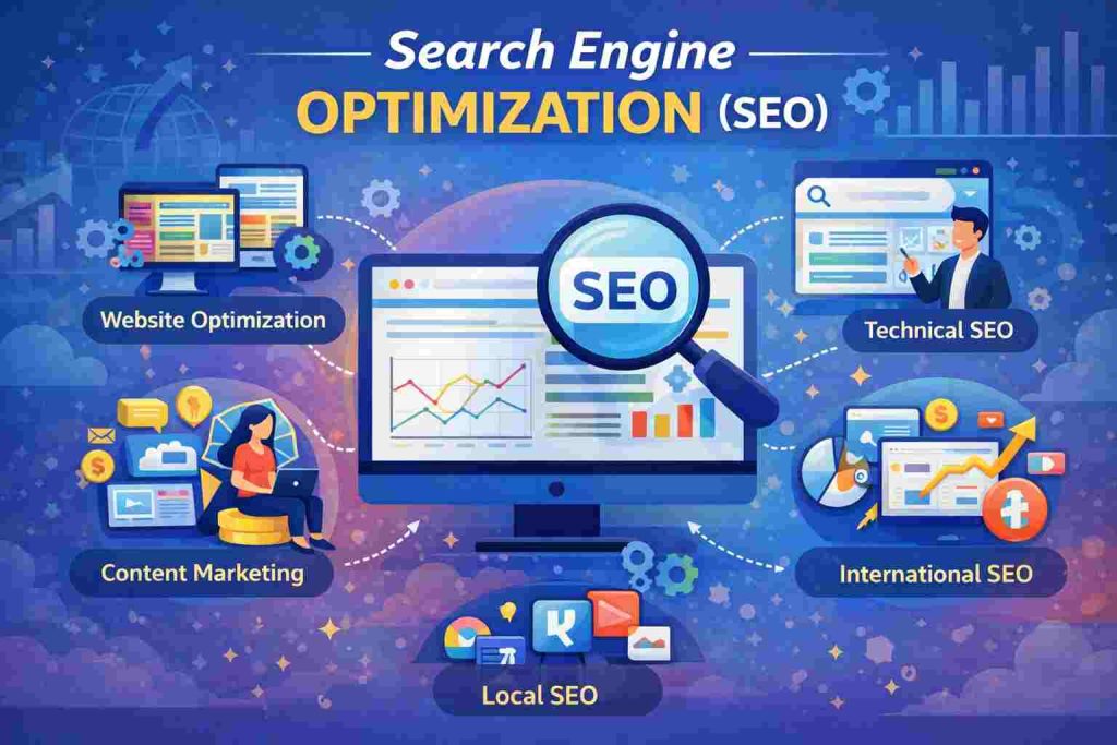 SEO infographic showing key components like website optimization, content marketing, and technical SEO.
