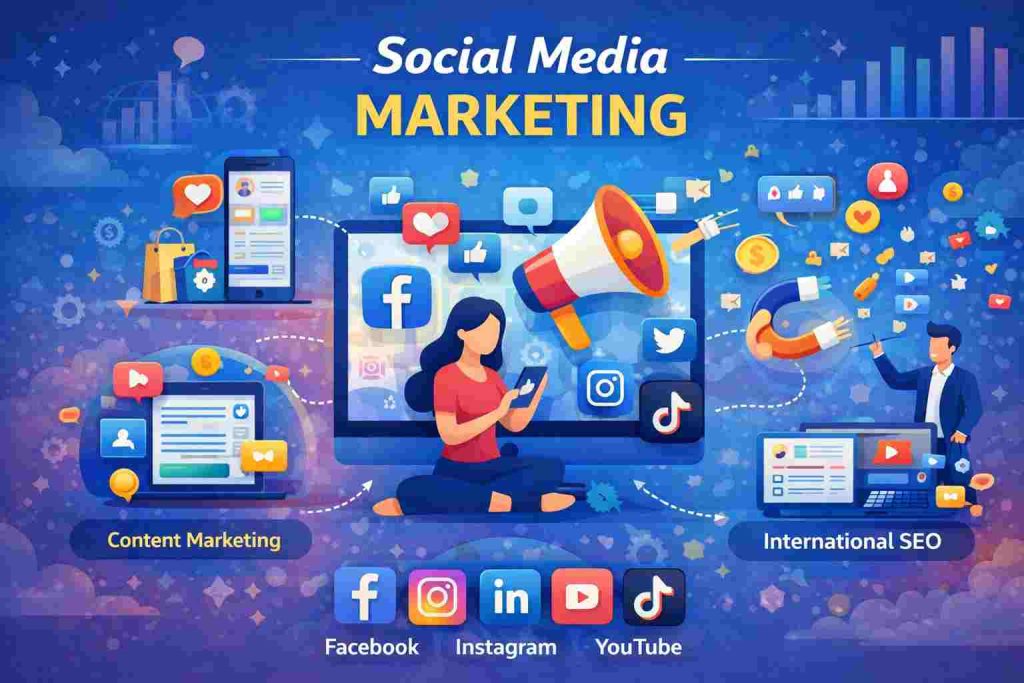 Social media marketing infographic with major platforms and engagement strategies.