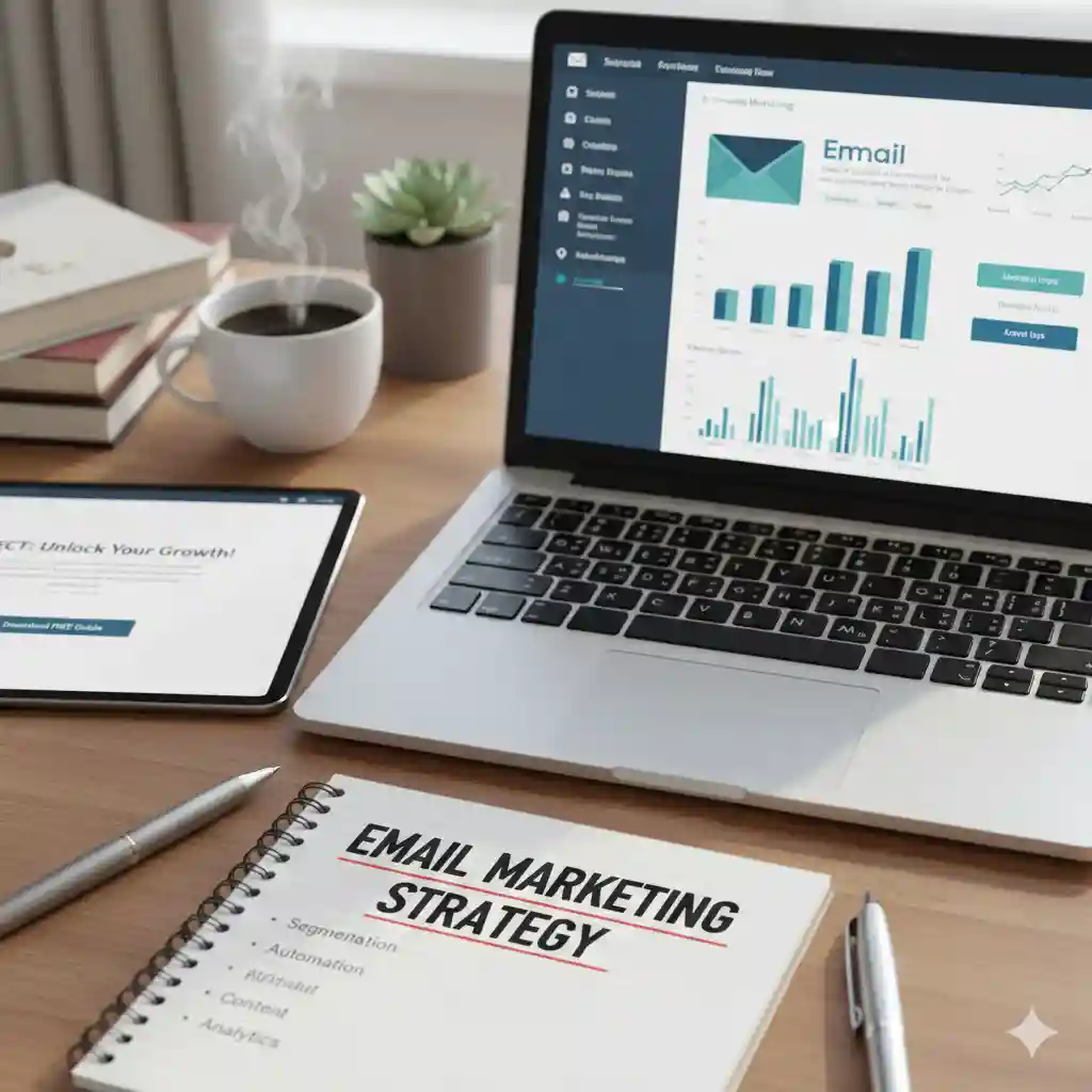 Laptop displaying email marketing analytics dashboard with charts, notebook titled “Email Marketing Strategy,” coffee cup, tablet, and workspace setup