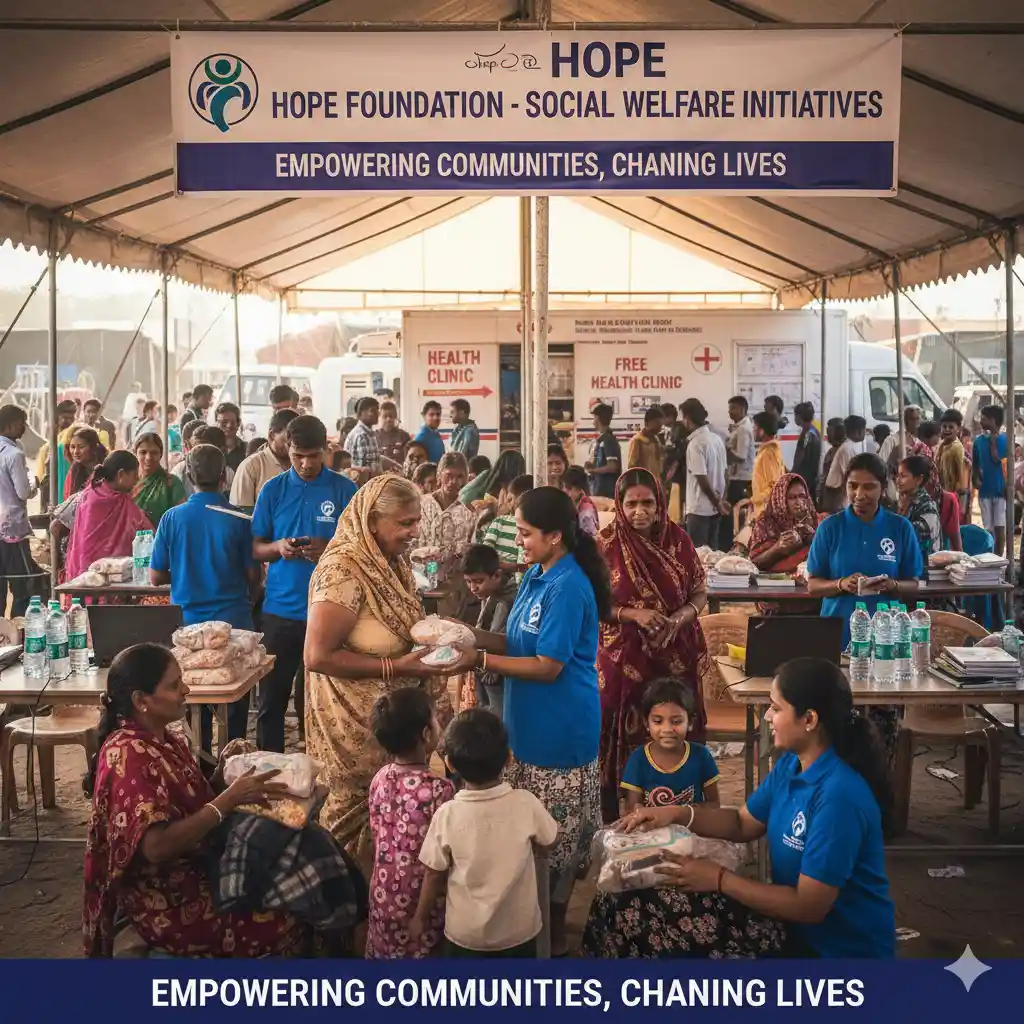 Role of NGOs in social welfare shown through volunteers distributing food and healthcare assistance to marginalized communities.