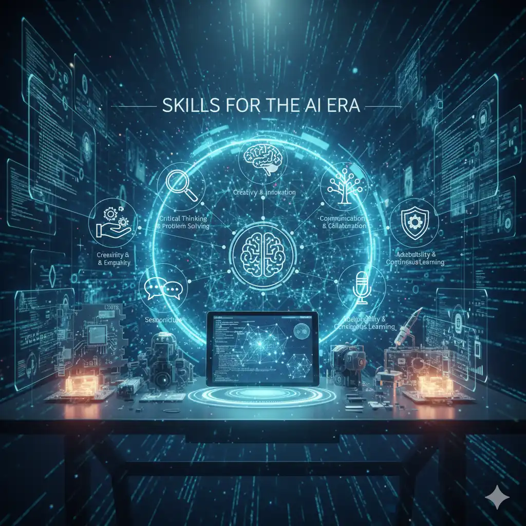 Skills for the AI era including creativity, critical thinking, communication, adaptability, and continuous learning.