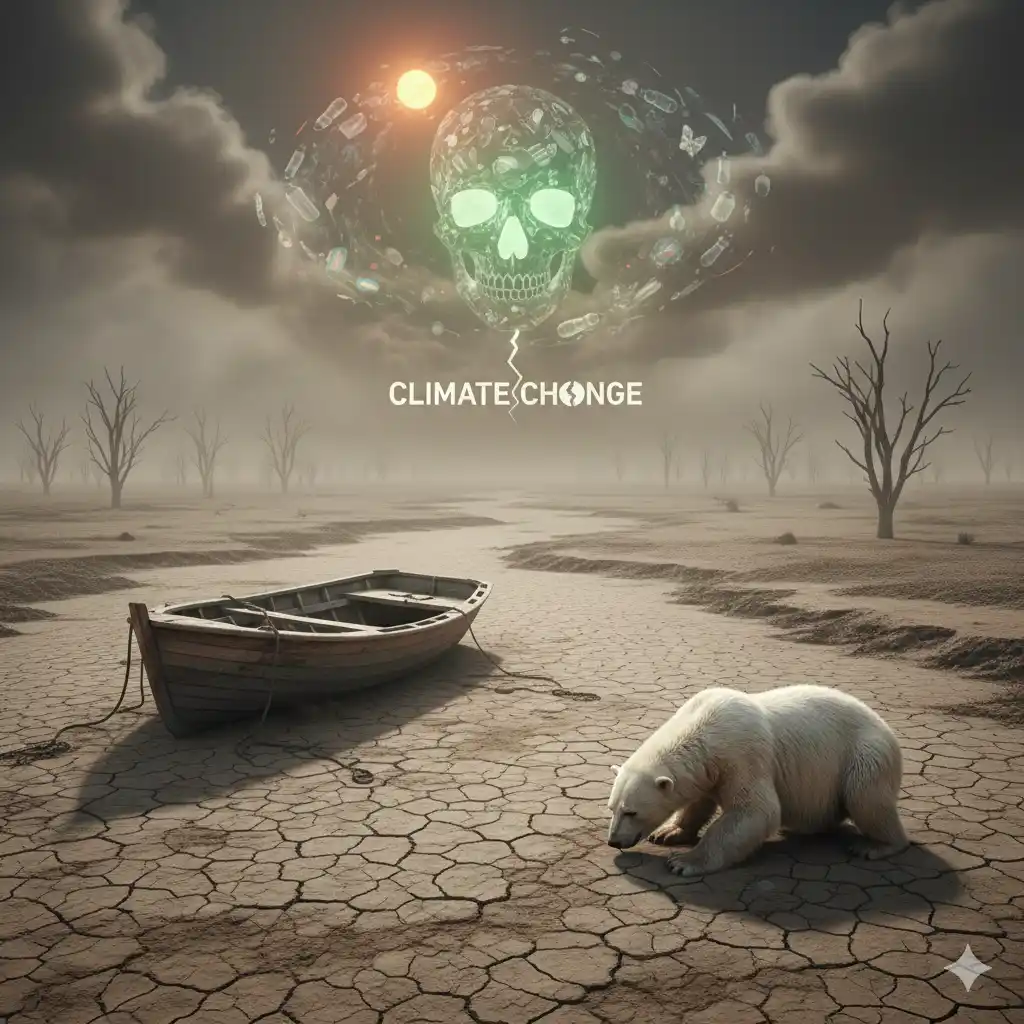 Climate change illustration showing drought, polar bear displacement, cracked land, and environmental crisis.