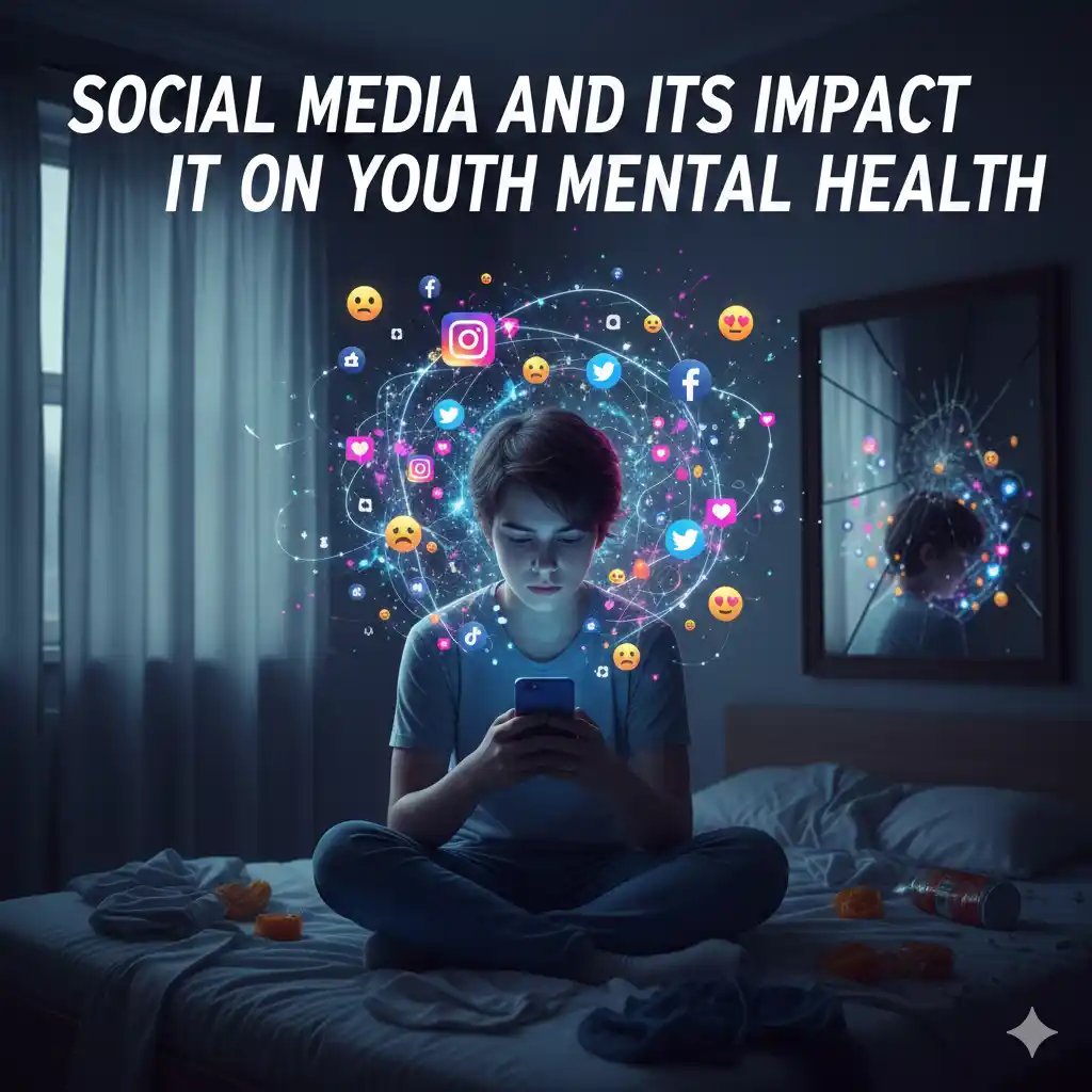 Teenager sitting on a bed at night using a smartphone, surrounded by floating social media icons and emojis, symbolizing the impact of social media on youth mental health.