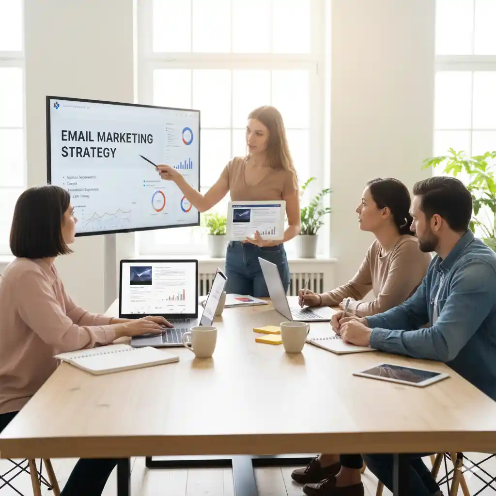 Team meeting discussing email marketing strategy, with presenter explaining campaign performance charts on a screen and colleagues reviewing data on laptops.