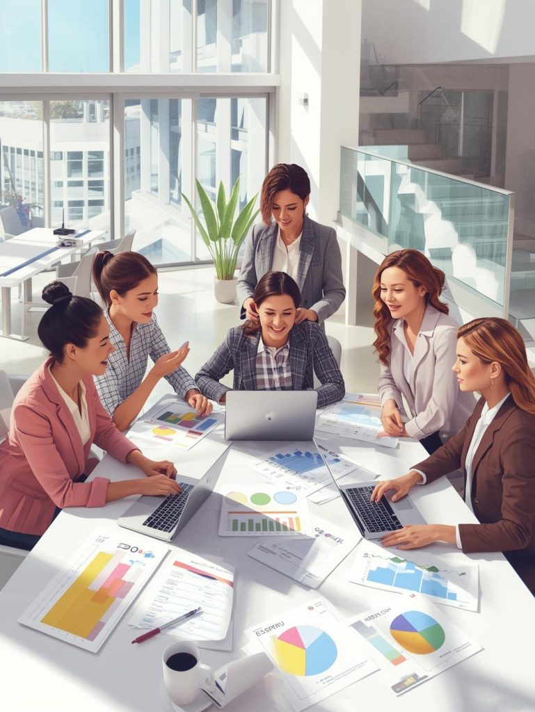 “A team of digital marketing professionals collaborating in a modern office, analyzing charts, graphs, and data on laptops during a strategy meeting.”