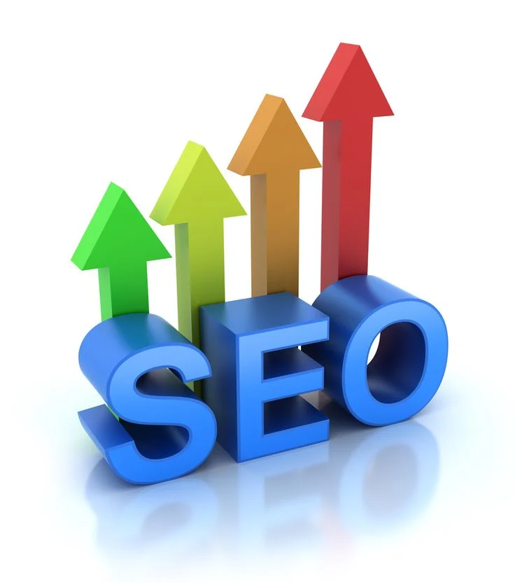 SEO growth illustration with blue letters and upward arrows symbolizing digital marketing success and higher rankings.