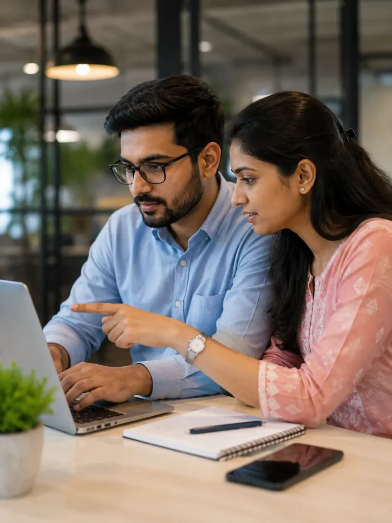 Indian professionals collaborating on a laptop in a modern coworking office