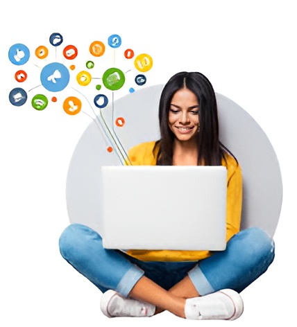 Woman using a laptop with social media icons representing SEO, digital marketing, content marketing, and online business growth.