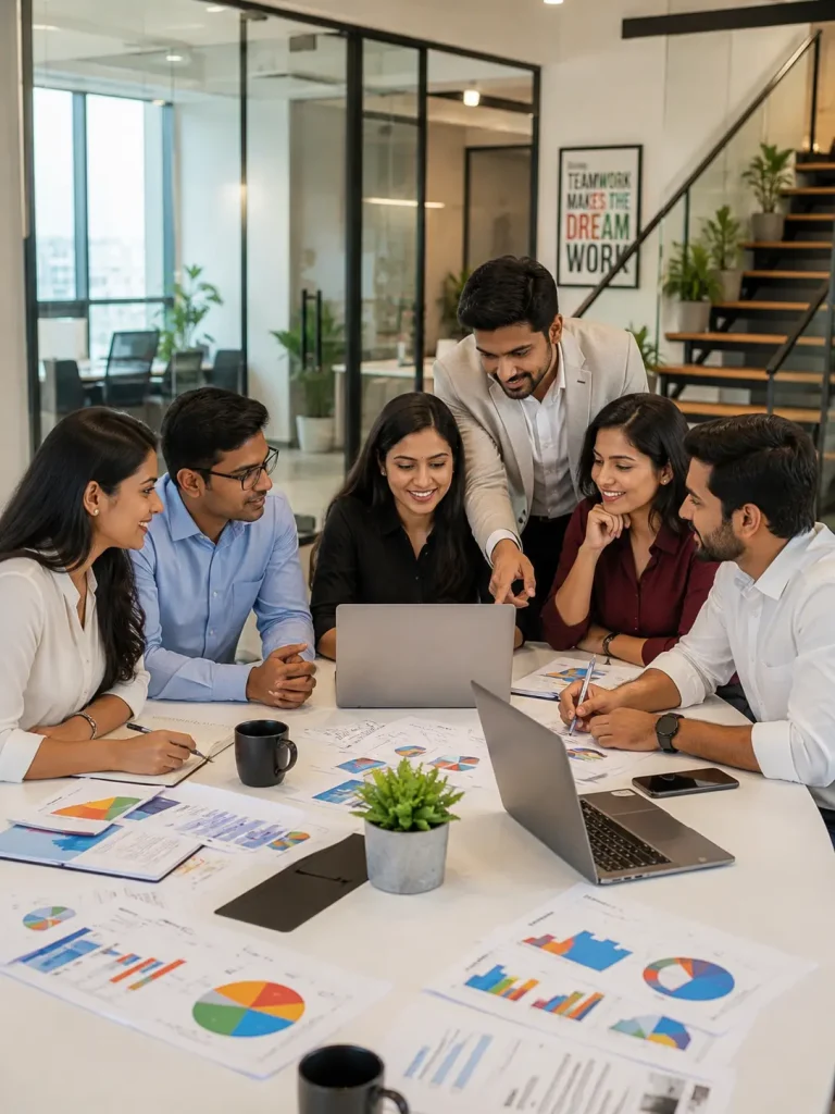 Indian business team collaborating on laptops and charts in a modern office